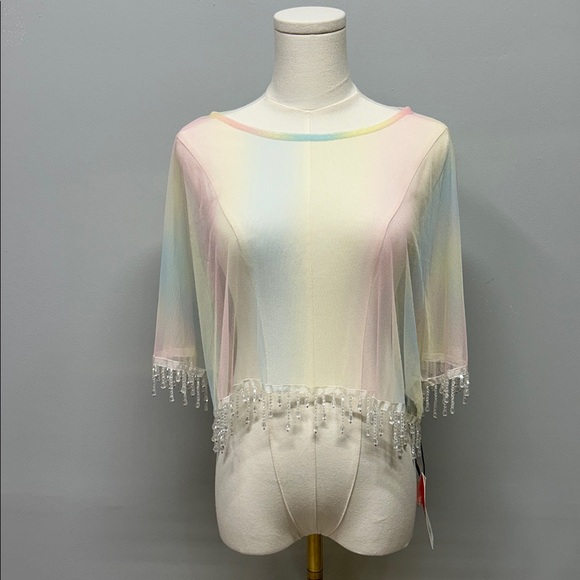 Cider Tops - Cider Tie Dye Sheer Mesh Poncho Crystal Fringe Hem Size XL Pastel Shawl Eras